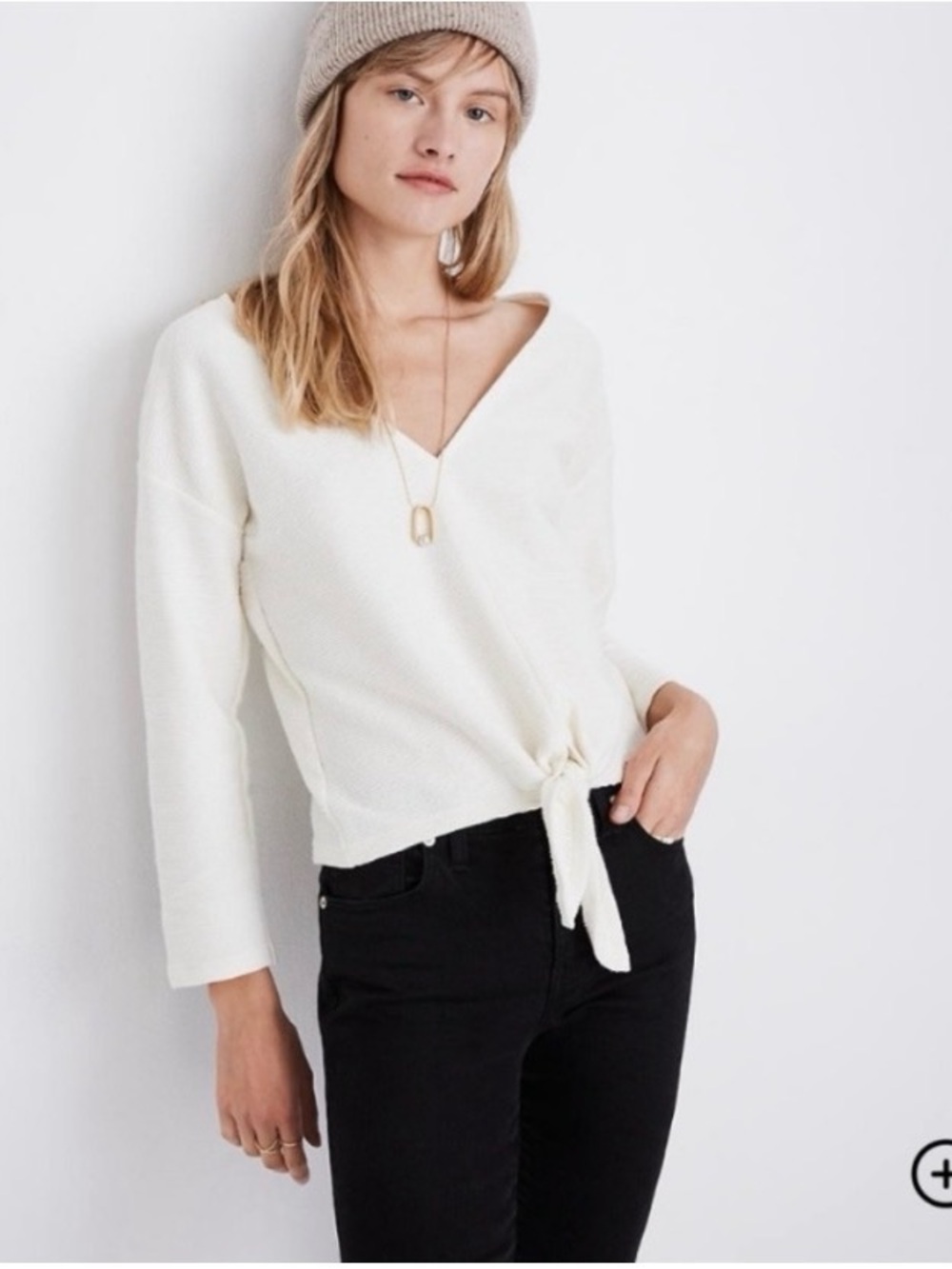 Madewell Texture& Thread Medium Long Sleeve Ivory Tie Front Top Knot Detail